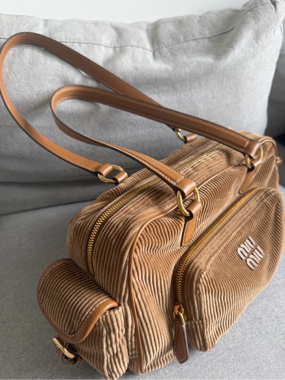 Miu Miu Tan Corduroy Dual-Zip Shoulder Bag with Gold Hardware
